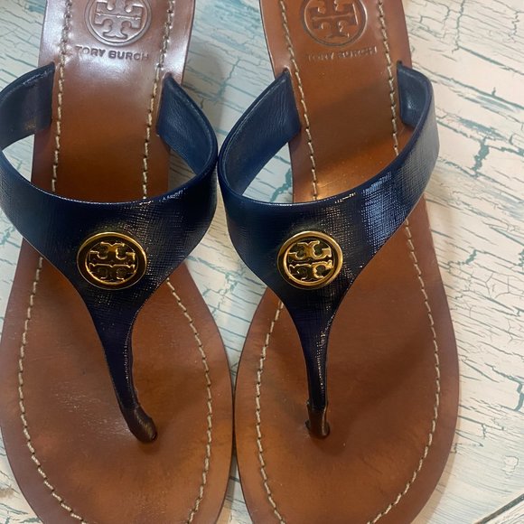 Tory Burch Cameron Wedge Thong Saffiano Navy/Gold  Size 7M - Picture 2 of 7